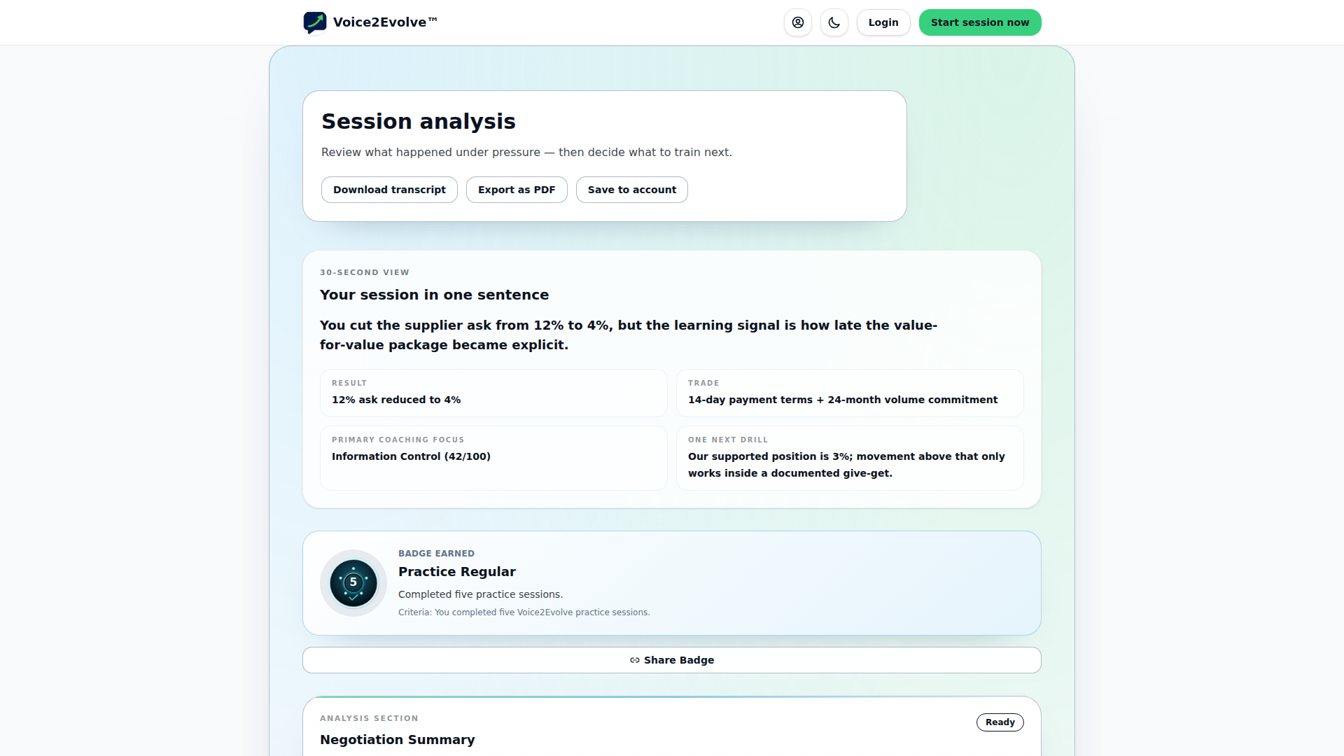 Voice2Evolve-Analyse mit Verhandlungsergebnis und kritischen Momenten.