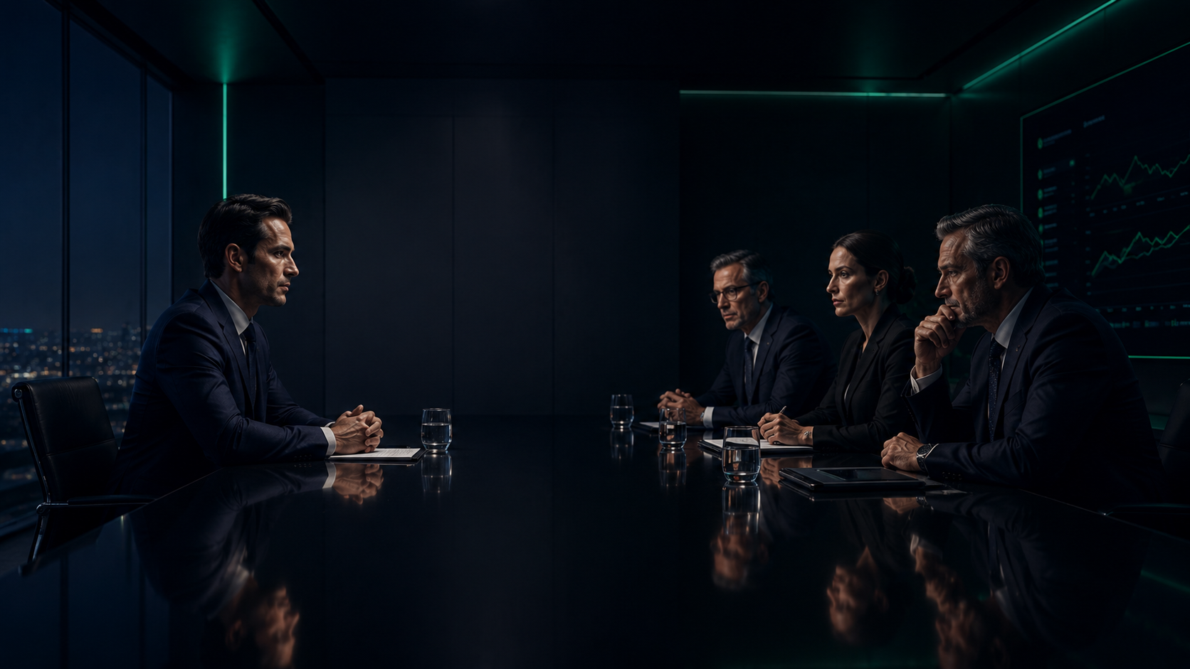 One-on-one procurement negotiation faceoff across a boardroom table.