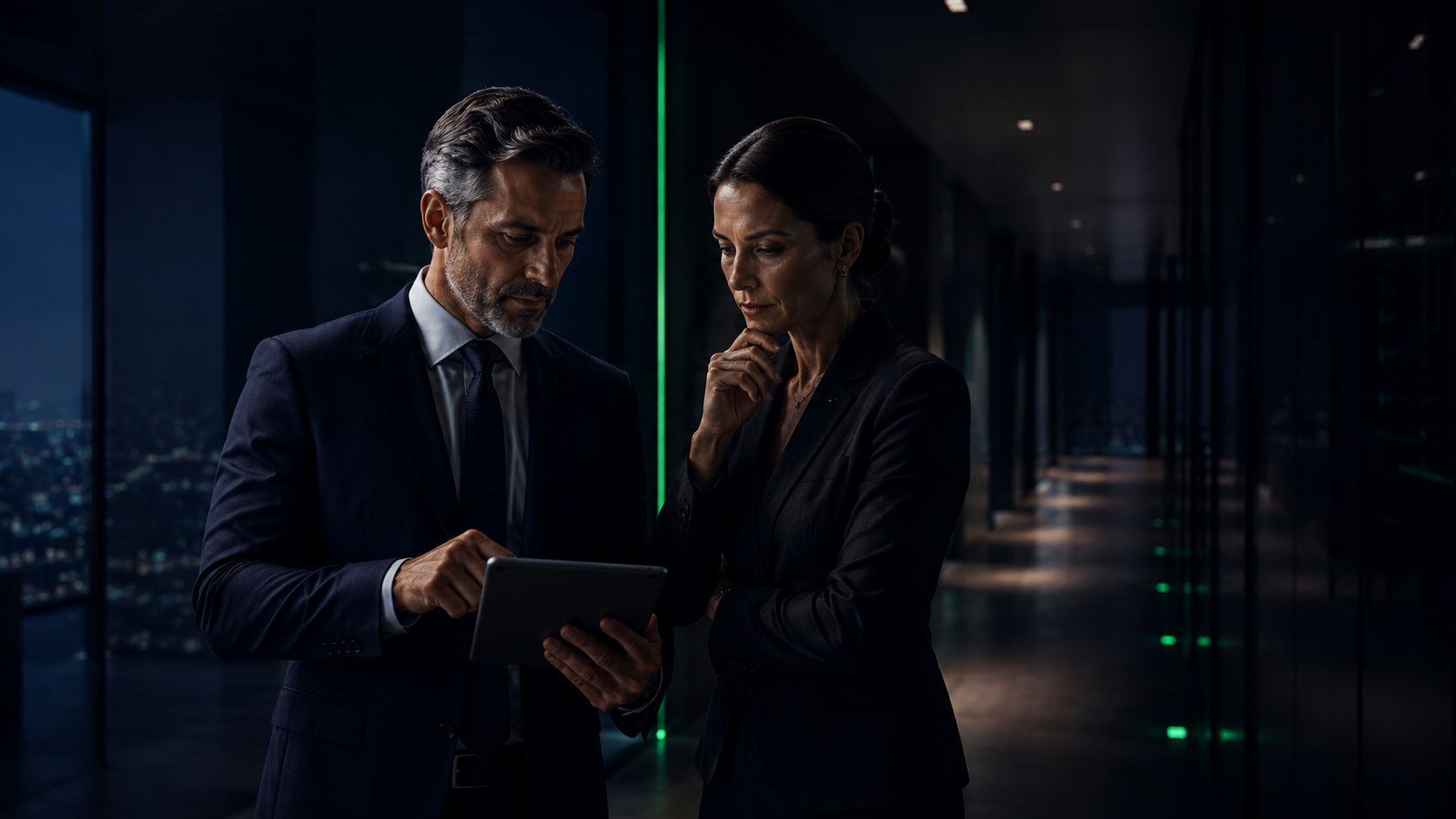 Two procurement leaders reviewing a negotiation performance dashboard together.