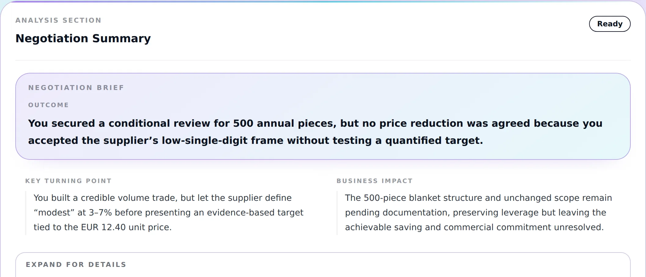 Negotiation summary with the outcome, the key turning point and the business impact