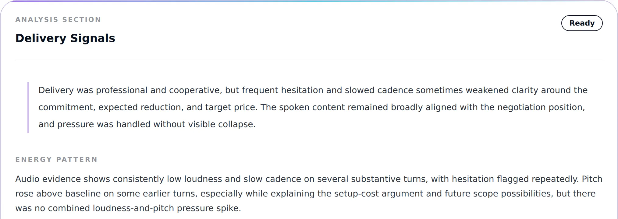 Delivery signals: a summary of the delivery and the energy pattern across the session