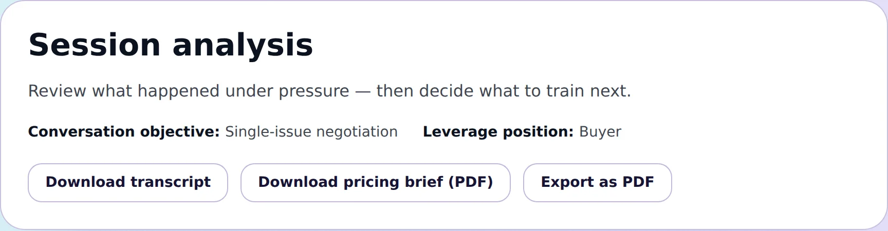 Top of the session analysis: conversation objective, leverage position and buttons to download the transcript, the pricing brief and a PDF