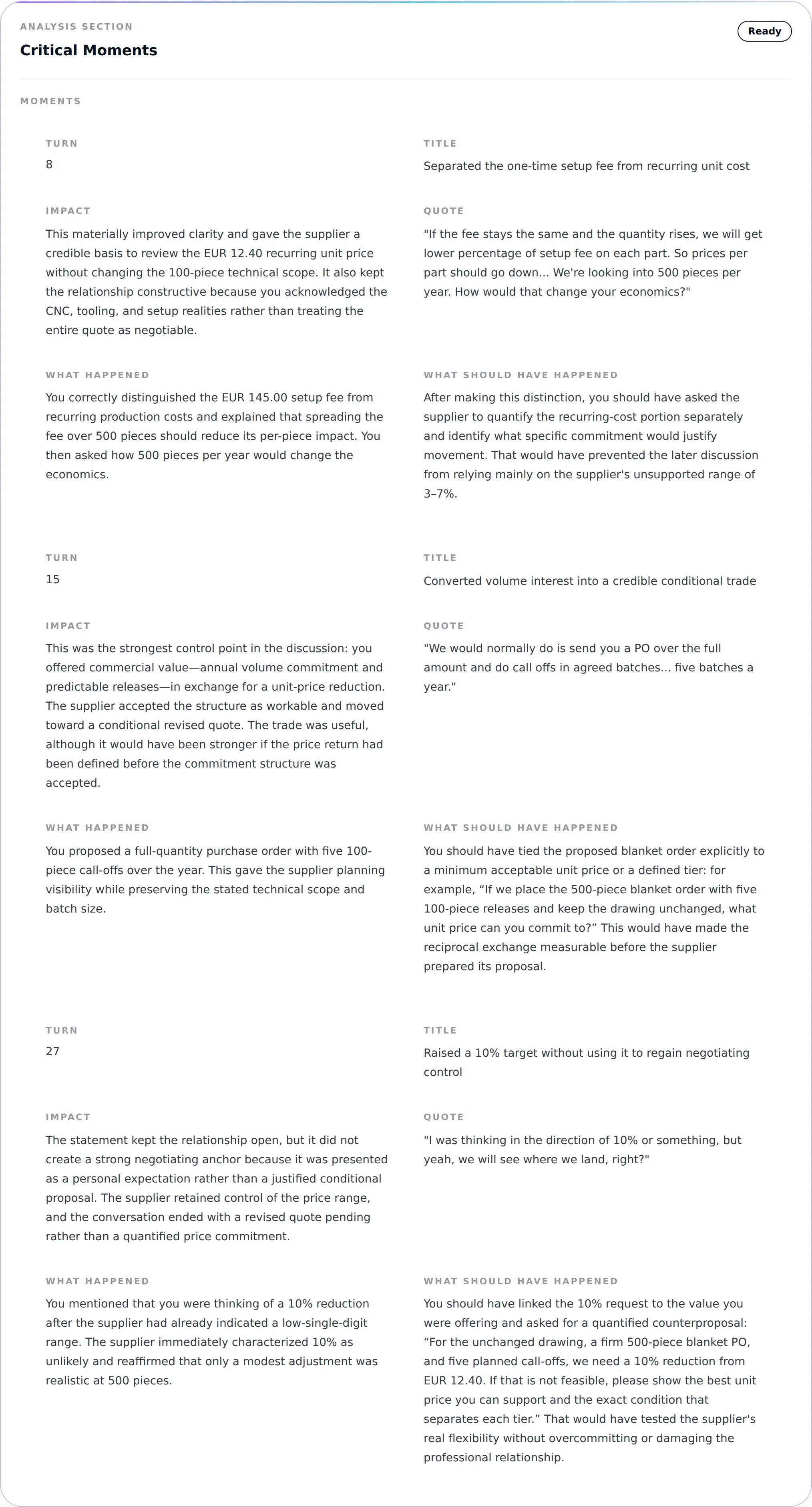 Critical moments: three turns of the conversation, each with the quote, the impact, what happened and what should have happened
