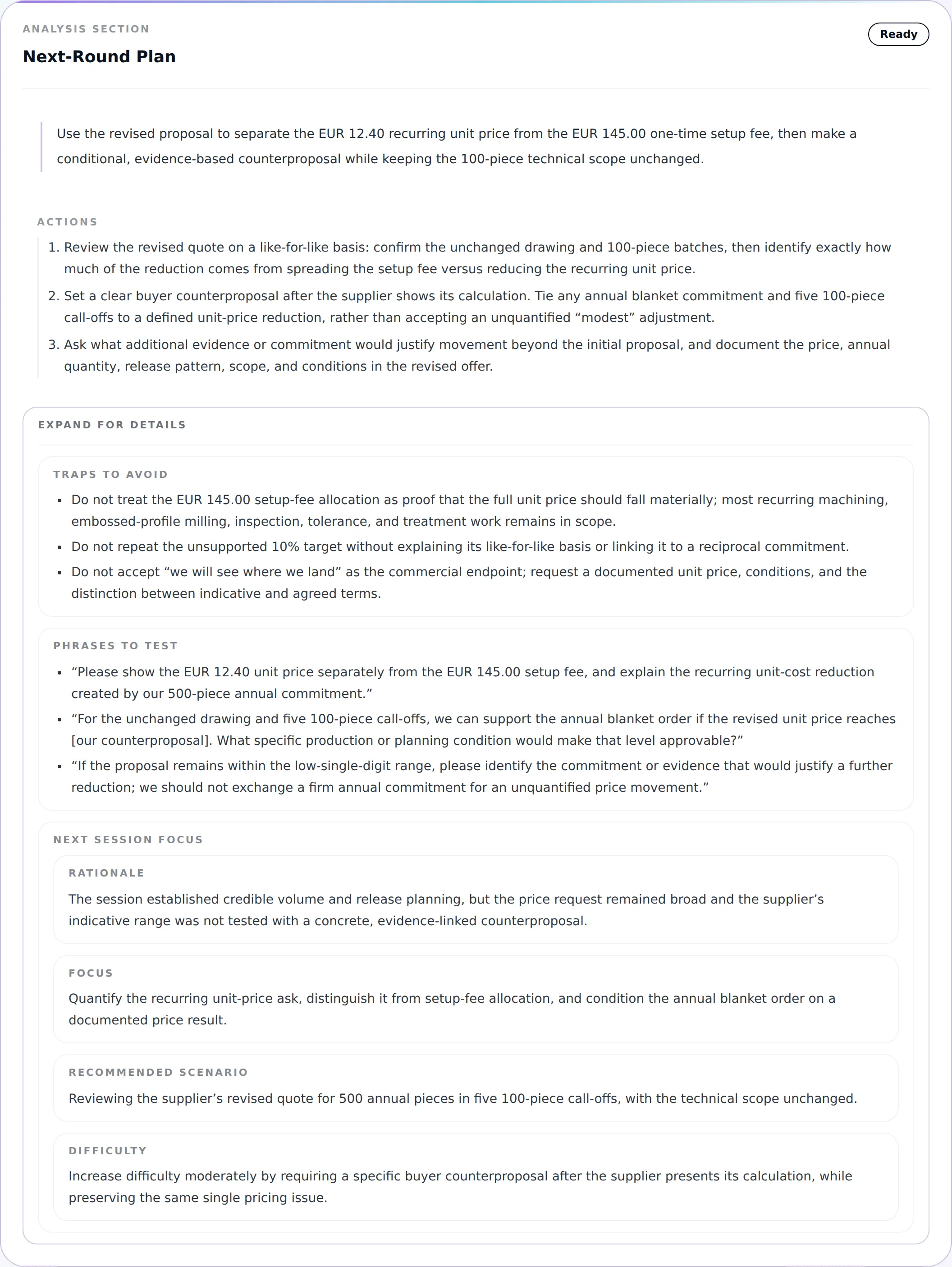 Next-round plan: actions, traps to avoid, phrases to test and the focus for the next session