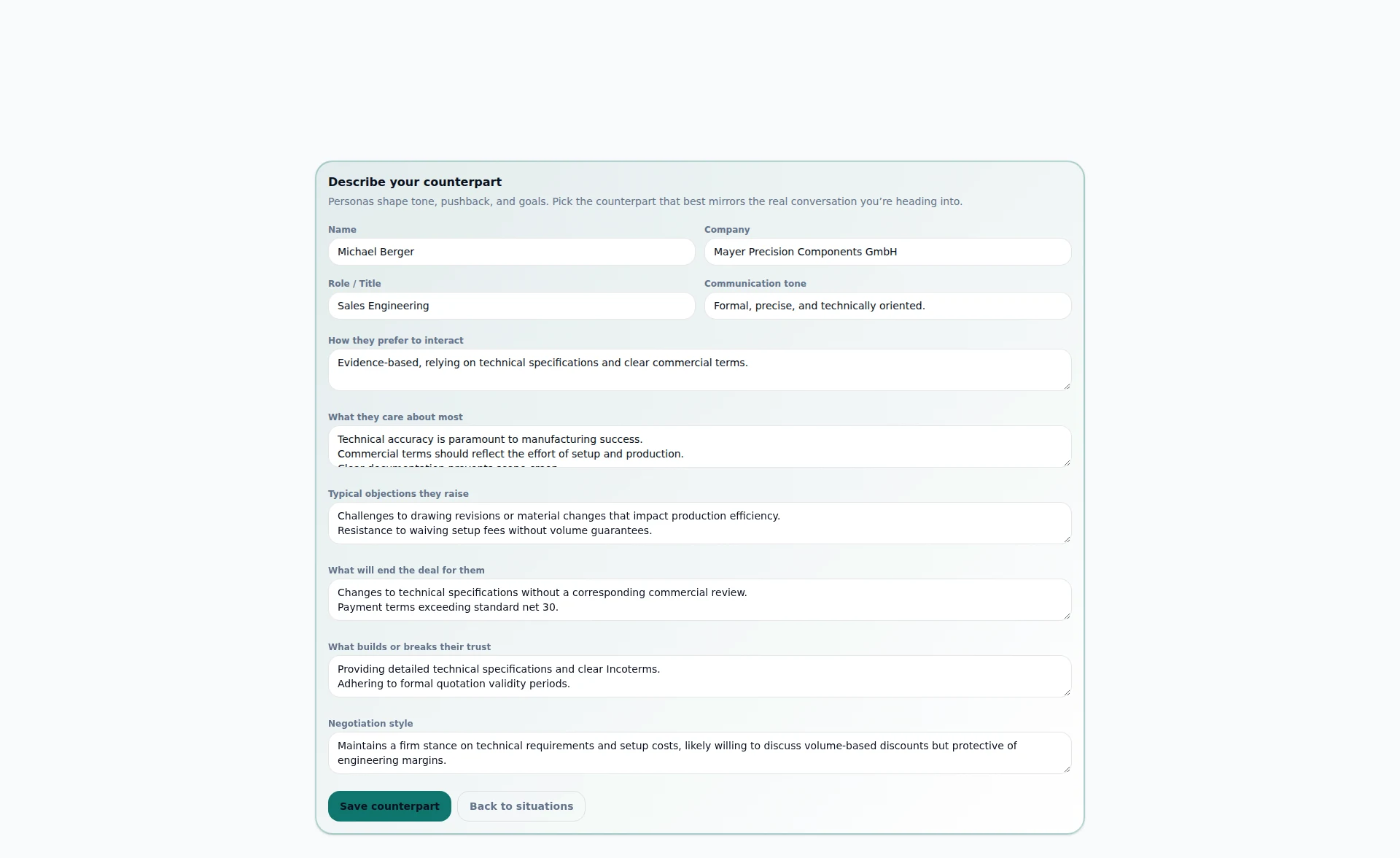 Counterpart profile generated from the documents, with editable behavioural fields